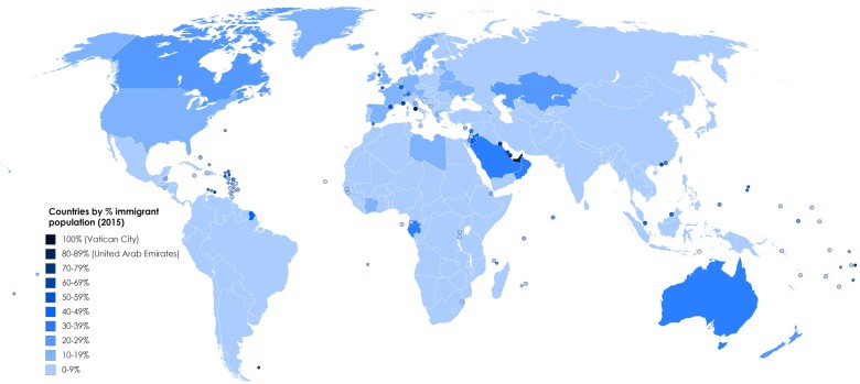 Odsetek imigrantów w populacji danego państwa, 2015