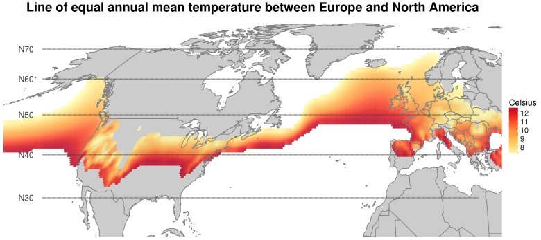 Pasmo równej średniej rocznej temperatury między Europą a Ameryką Północną