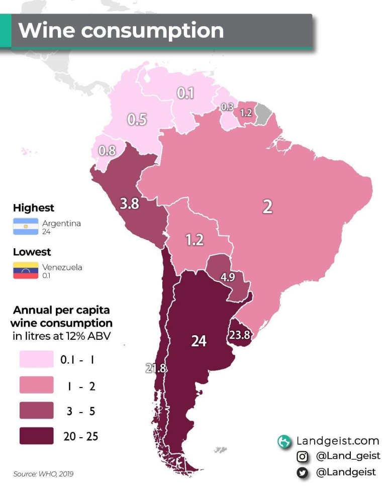 Ilość wypitego wina na osobę w Ameryce Południowej, 2019
