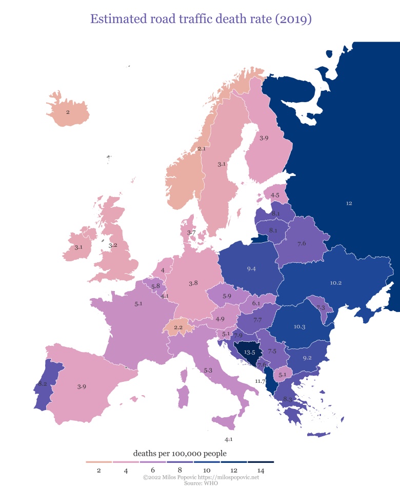 Liczba śmiertelnych wypadków drogowych rocznie na 100 tys. mieszkańców w Europie, 2019