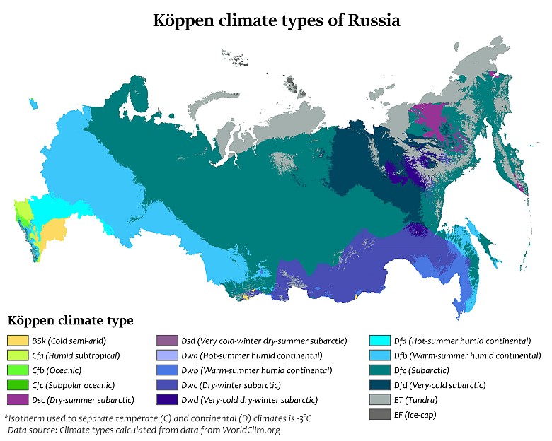 Strefy klimatyczne Rosji wg Köppena