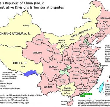 Podział administracyjny Chin wraz z terenami spornymi