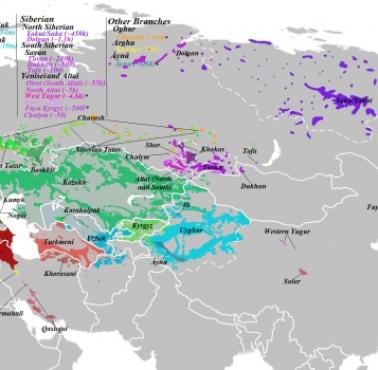 Mapa występowania języków tureckich (rodziny językowe) na świecie