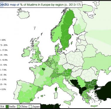 Odsetek muzułmanów w Europie według regionów, 2013-2017