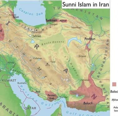 Dominujące obszary sunnickie w Iranie