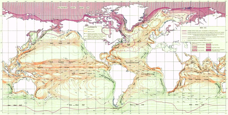 Prądy oceaniczne, mapa z 1943 roku