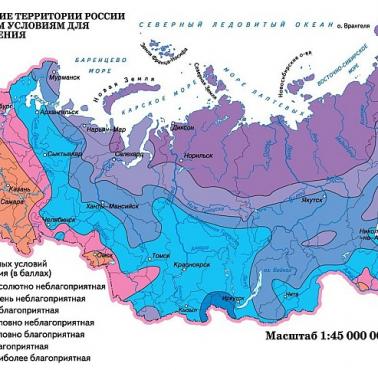 Rosyjski klimat z zaznaczeniem obszarów najkorzystniejszych dla człowieka (kolor pomarańczowy i różowy)