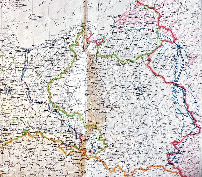 Granice Polski z odręcznymi poprawkami Stalina z 1944 roku