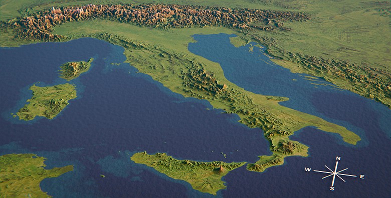 Reliefowa mapa Półwyspu Apenińskiego