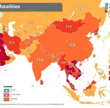 Liczba śmiertelnych wypadków drogowych rocznie na 100 tys. mieszkańców w Azji i Bliskim Wschodzie, 2019