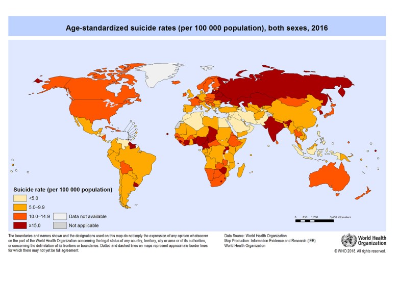 Mapa samobójstw według kraju, 2016