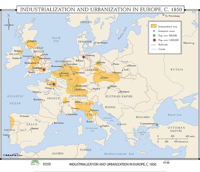 Najbardziej uprzemysłowione i zurbanizowane obszary Europy w 1850 roku