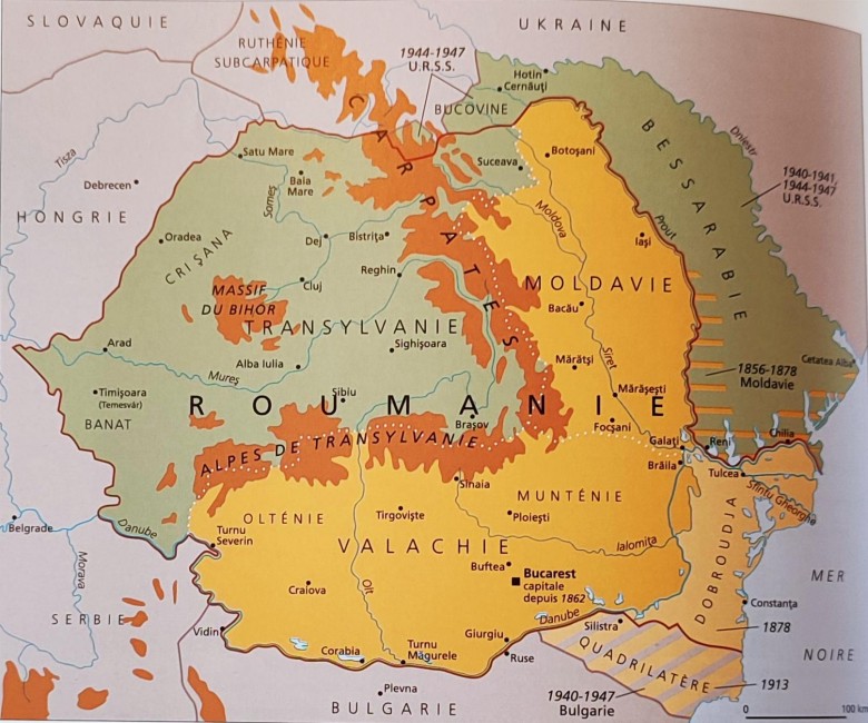 Mapa topograficzna Rumunii z podziałem na regiony i cesje terytorialne