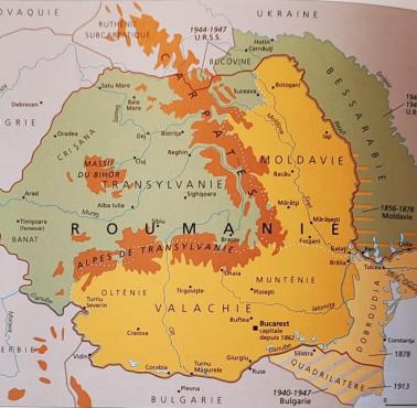 Mapa topograficzna Rumunii z podziałem na regiony i cesje terytorialne
