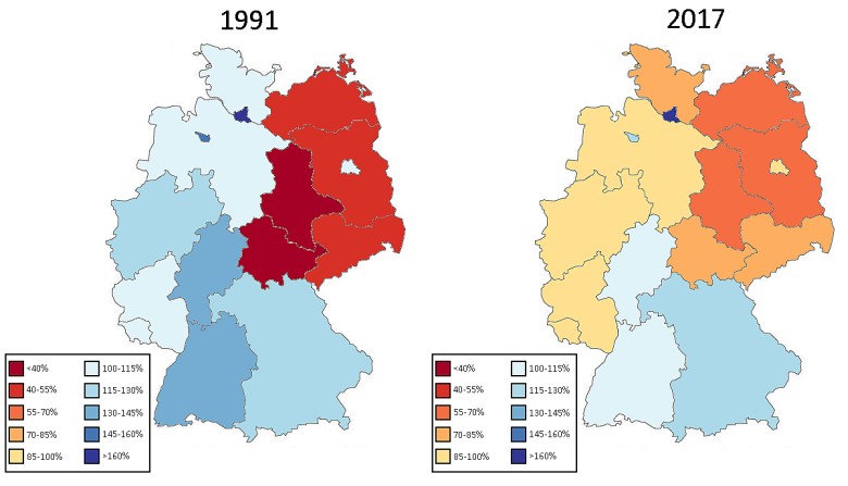 PKB na mieszkańca państw niemieckich jako procent średniej niemieckiej, 1991-2017