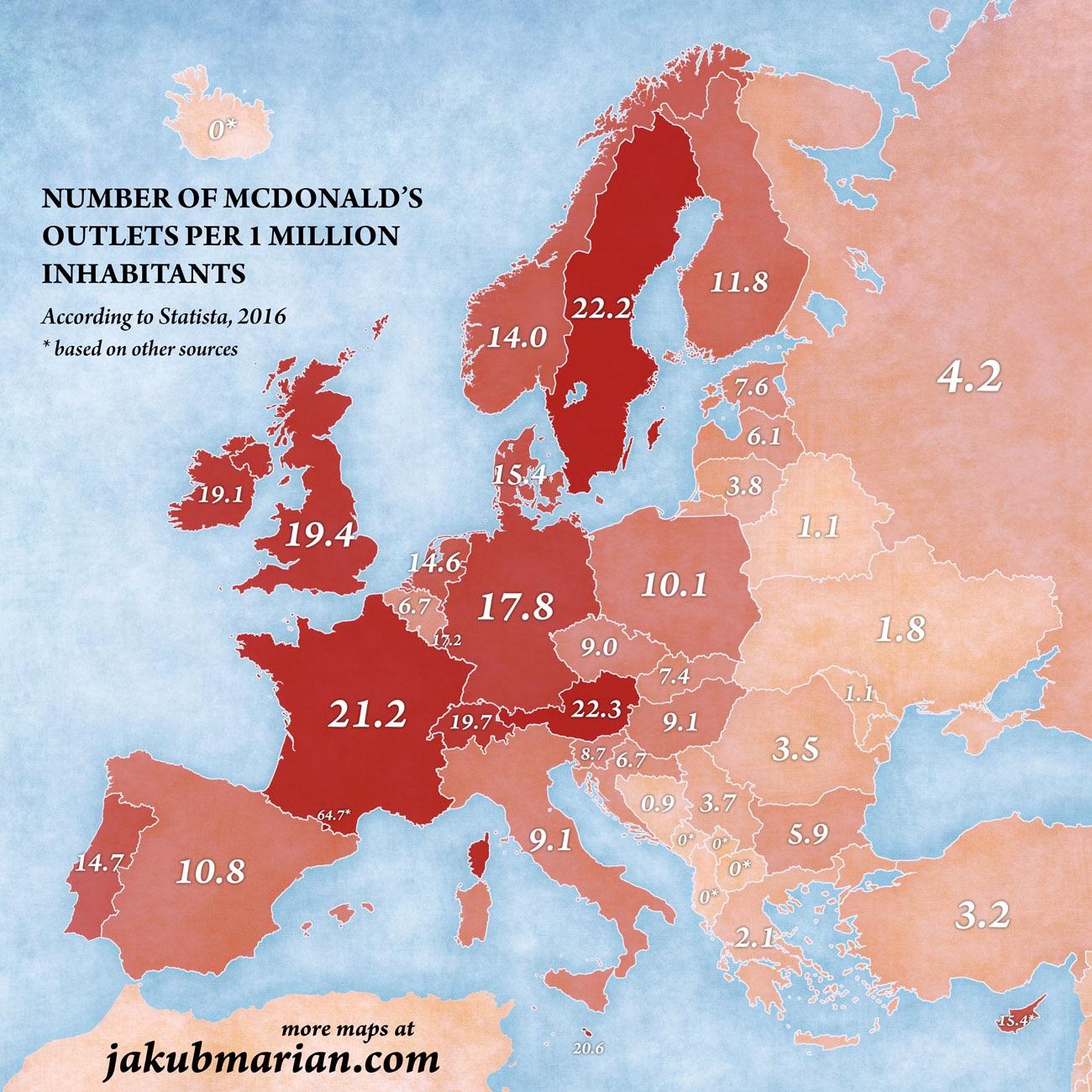 Liczba McDonaldów w Europie na 1 mln mieszkańców, 2016