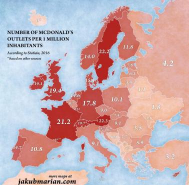 Liczba McDonaldów w Europie na 1 mln mieszkańców, 2016