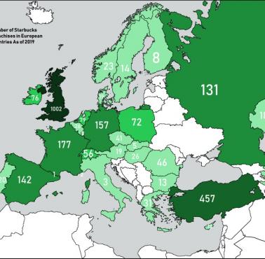 Liczba Starbucksów w Europie, 2019