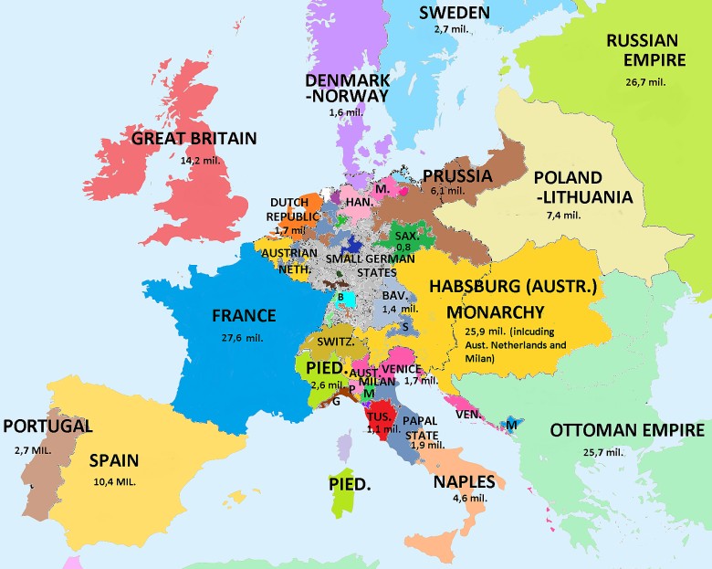 Europa 1789 przed Rewolucją Francuską z ludnością