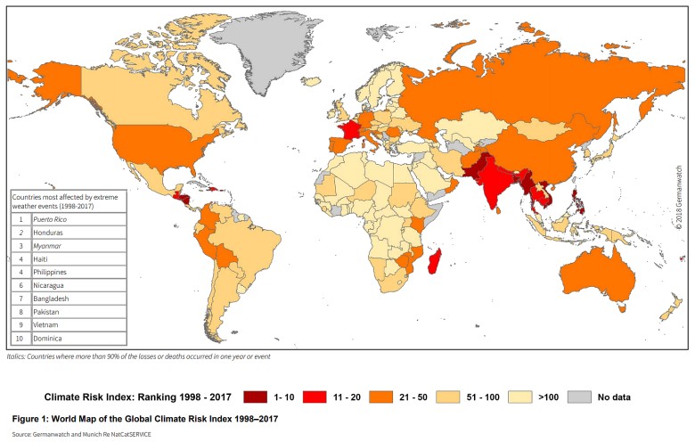 Światowa mapa globalnego wskaźnika ryzyka klimatycznego 1998–2017
