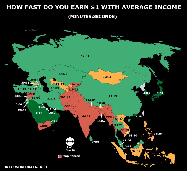 Jak szybko zarabiasz 1 USD ze średnim dochodem w Azji