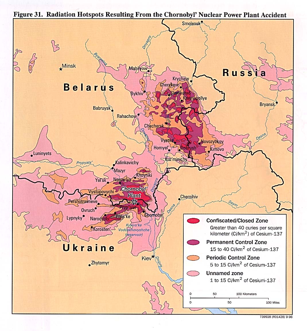 Skażenie terenu po wybuchu elektrowni w Czarnobylu, dane CIA 1996