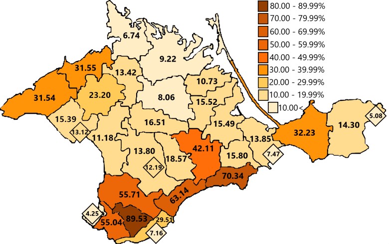 Odsetek Tatarów krymskich na Krymie w 1939 roku