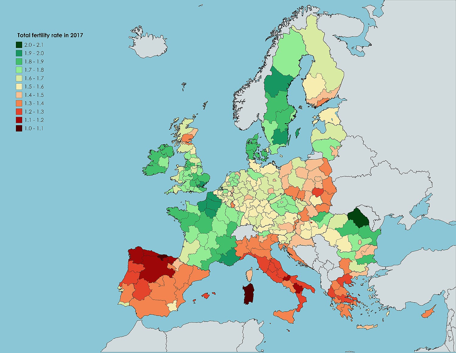 Wskaźniki płodności regionów UE w 2017 r.