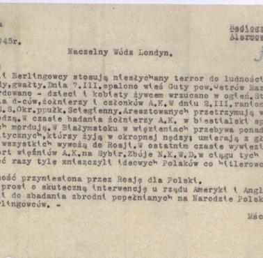 Raport Płk.Władysława Liniarskiego "Mścisława" z okupowanego kraju, 1945