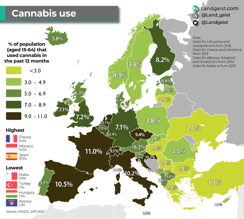 Konsumpcja marihuany (konopi indyjskich) w Europie, 2017-2020