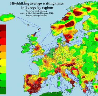 Autostopowa mapa ze średnim czasem oczekiwania w Europie, 2019