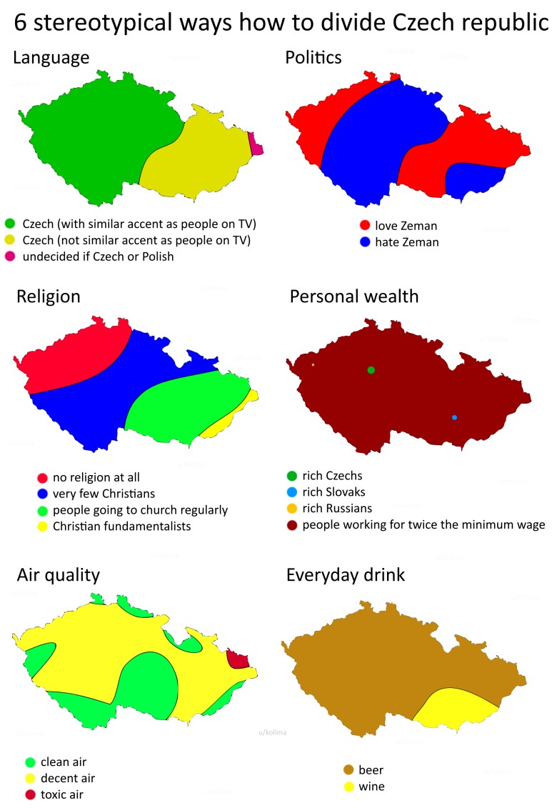 Sześć stereotypowych sposobów podziału Republiki Czeskiej