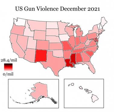 Przemocy z użyciem broni w grudniu 2021 roku w poszczególnych stanach USA, dane Gun Violence Archive