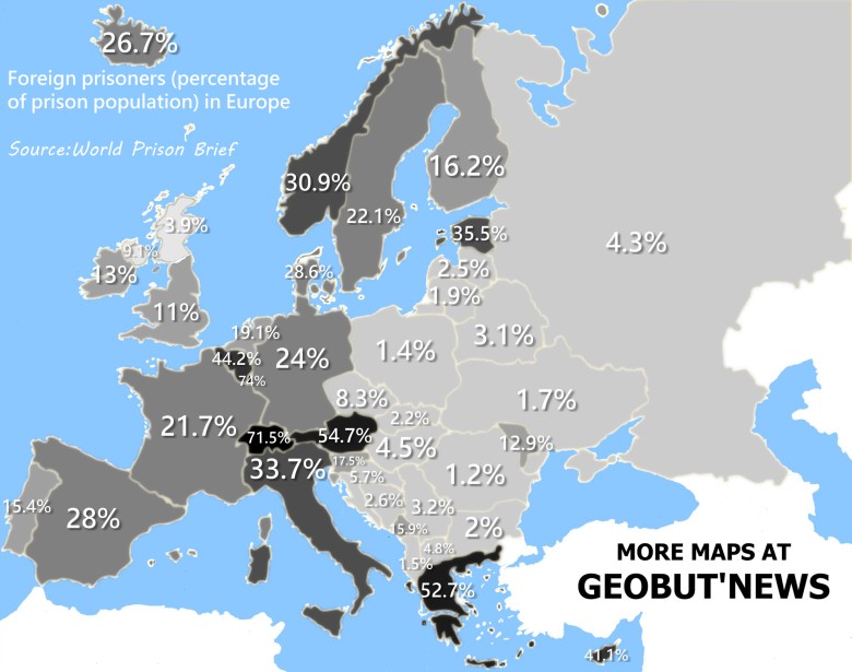 Zagraniczni więźniowie, odsetek populacji w więzieniach w Europie