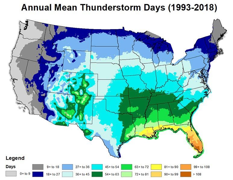 Średnia roczna liczba dni burzowych w poszczególnych stanach USA, 1992-2018