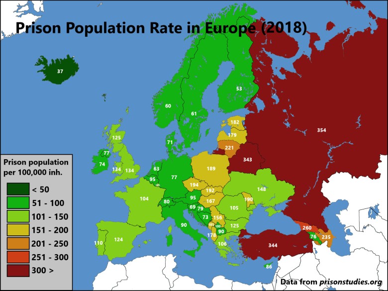 Liczba więźniów na 100 tys. mieszkańców w Europie, 2018