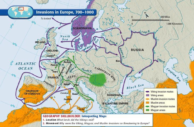 Mapa najazdów Wikingów w Europie od 700 do 1000