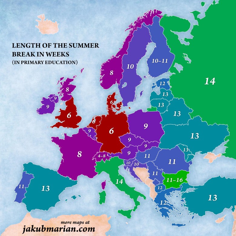 Długość letniej przerwy w edukacji podstawowej w całej Europie