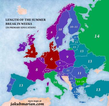 Długość letniej przerwy w edukacji podstawowej w całej Europie