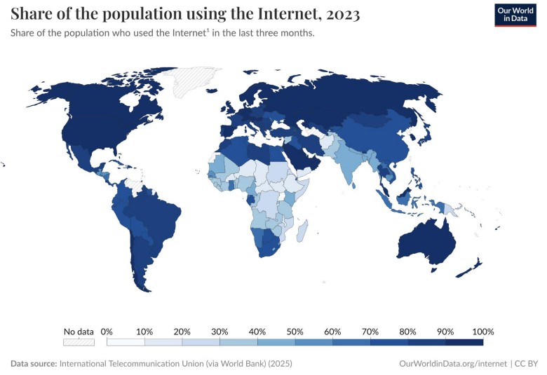 Odsetek populacji, która korzystała z Internetu w ciągu ostatnich 3 miesięcy, 2023