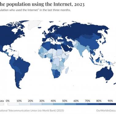 Odsetek populacji, która korzystała z Internetu w ciągu ostatnich 3 miesięcy, 2023