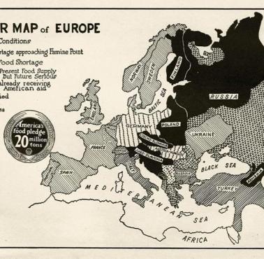 Mapa głodu w Europie podczas I wojny światowej, które otrzymały pomoc z USA, 1918