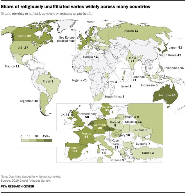 Odsetek osób niezrzeszonych w żadnym kościele (ateistów, niereligijnych) (Pew Research), 2019