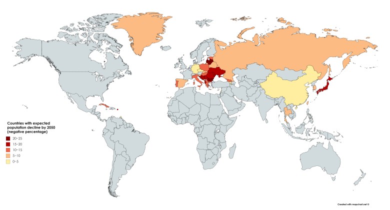 Kraje o przewidywanym spadku liczby ludności (depopulacja) do 2050 roku