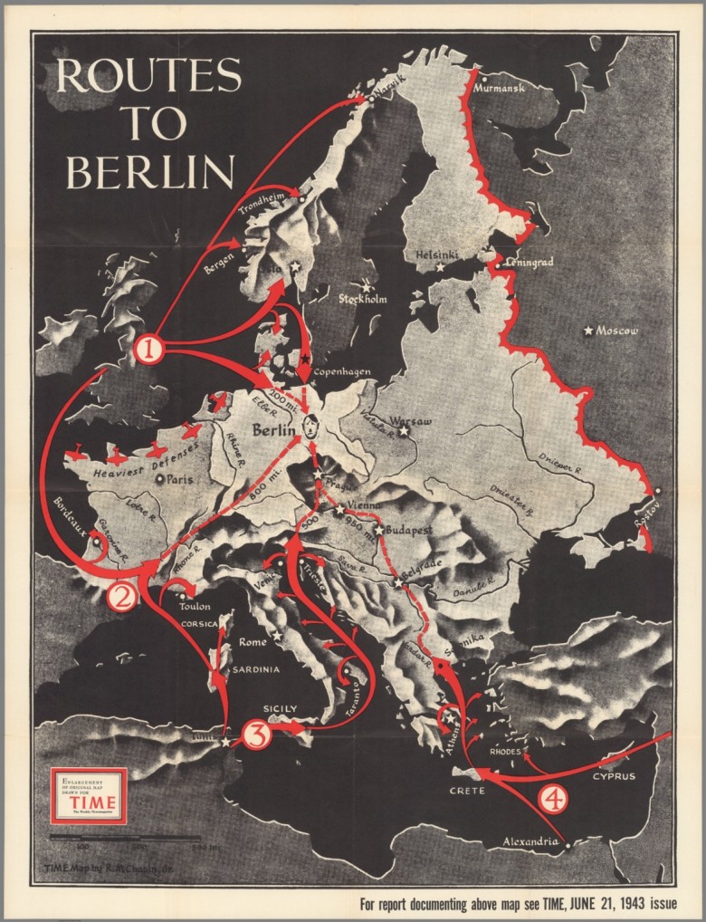 Domniemane trasy zdobycia Berlina opublikowane przez tygodnik TIME w 1943 roku