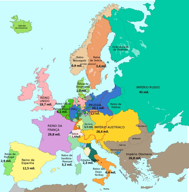 Mapa Europy z 1815 roku z uwzględnieniem populacji