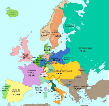 Mapa Europy z 1815 roku z uwzględnieniem populacji