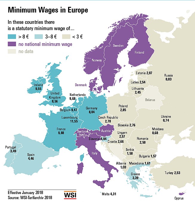 Mapa minimalnych płac w Europie, 2018