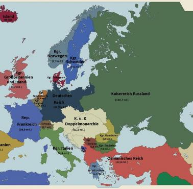 Mapa Europy 1910 z liczbą ludności