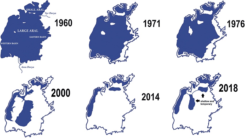 Zmniejszenie się Jeziora Aralskiego w latach 1960-2018